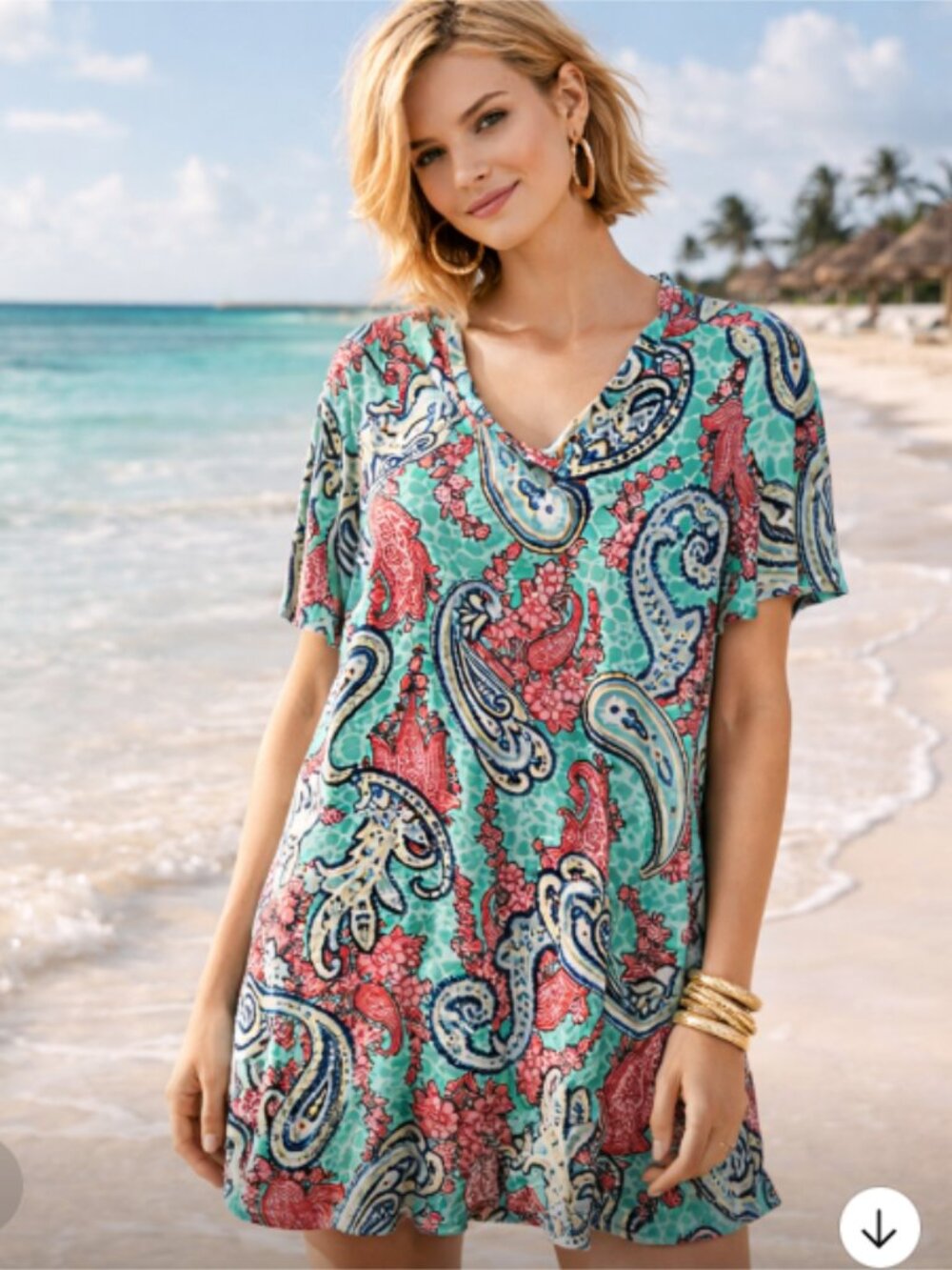 Women’s Paisley Print Tunic Dress Aqua Pink Blue Short Sleeve Size M Boho Beach